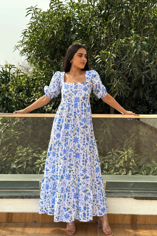BLUE DAISY - Cotton Blue Print Flared Dress
