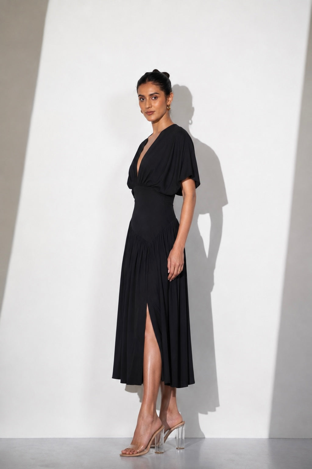 Black Satin V-Neck Midi Dress