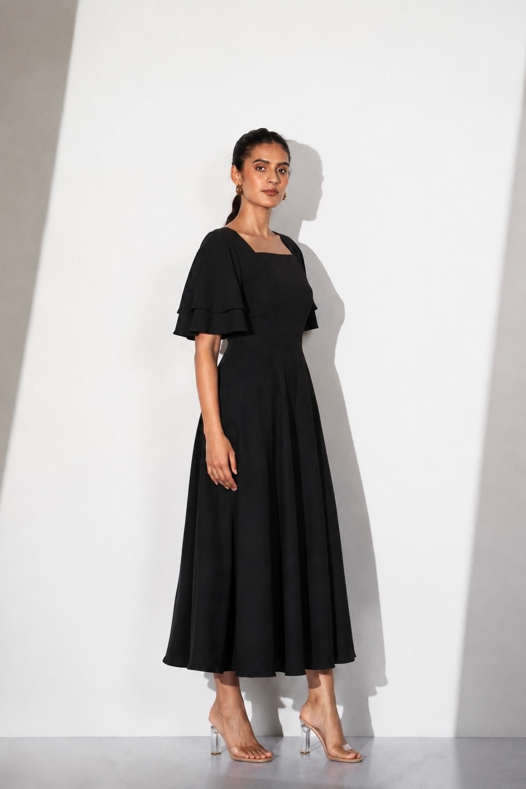 Black Flutter Sleeve Midi Dress