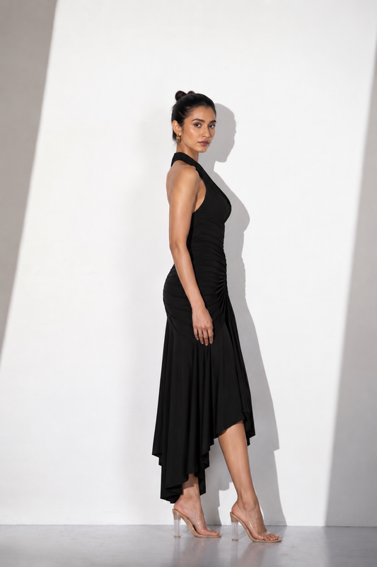 Black Halter Draped Asymmetric Maxi Dress