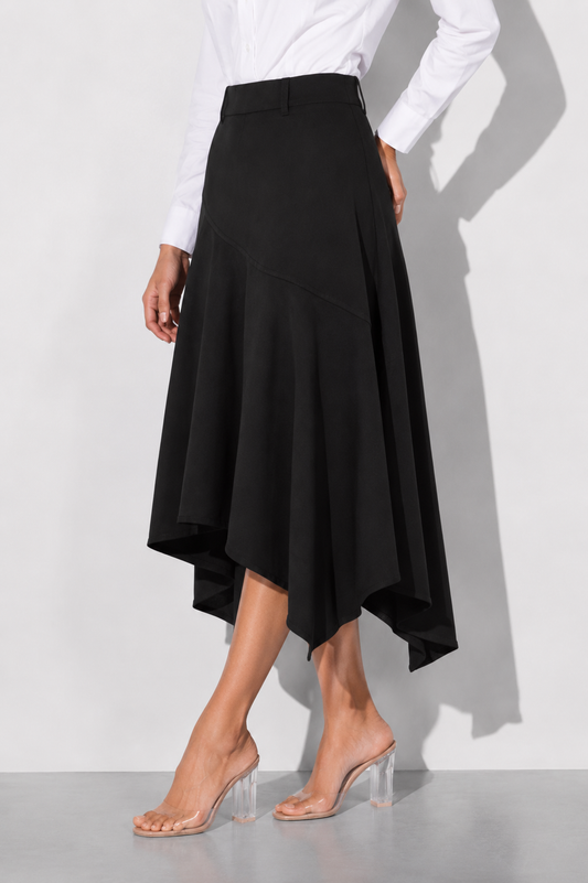 Black Asymmetric Hem Midi Skirt