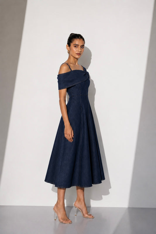 Indigo Drape Denim Midi Dress