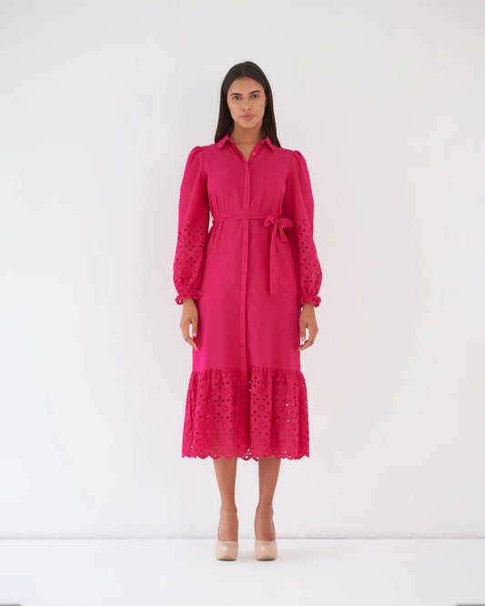 EFFORTLESS ELEGANCE - Hot pink cotton shirt dress