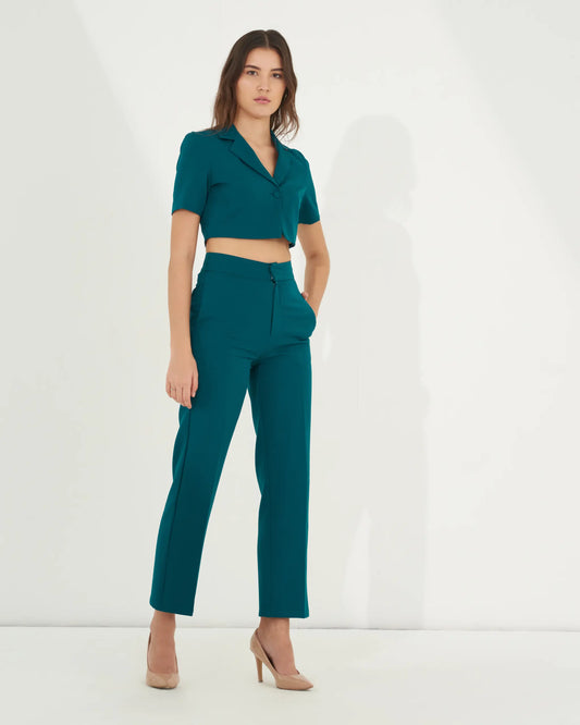 EMPOWERED- Teal green short blazer with straight pants (Set)