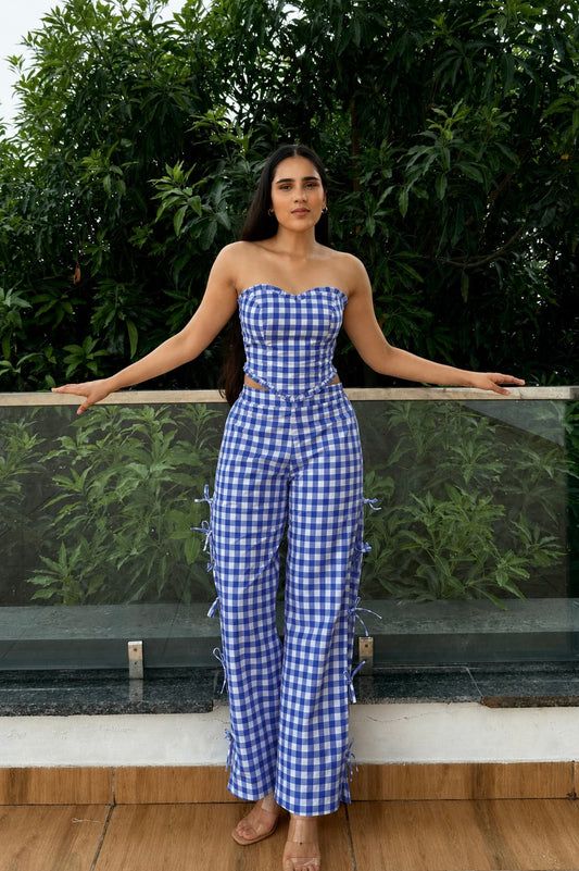 Blue Gingham Top and Wide-Leg Pants Co-Ord Set