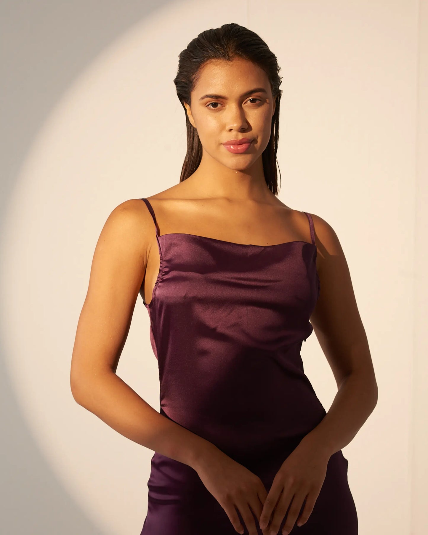 UNSTOPPABLE  - Violet satin cowl neck slip dress