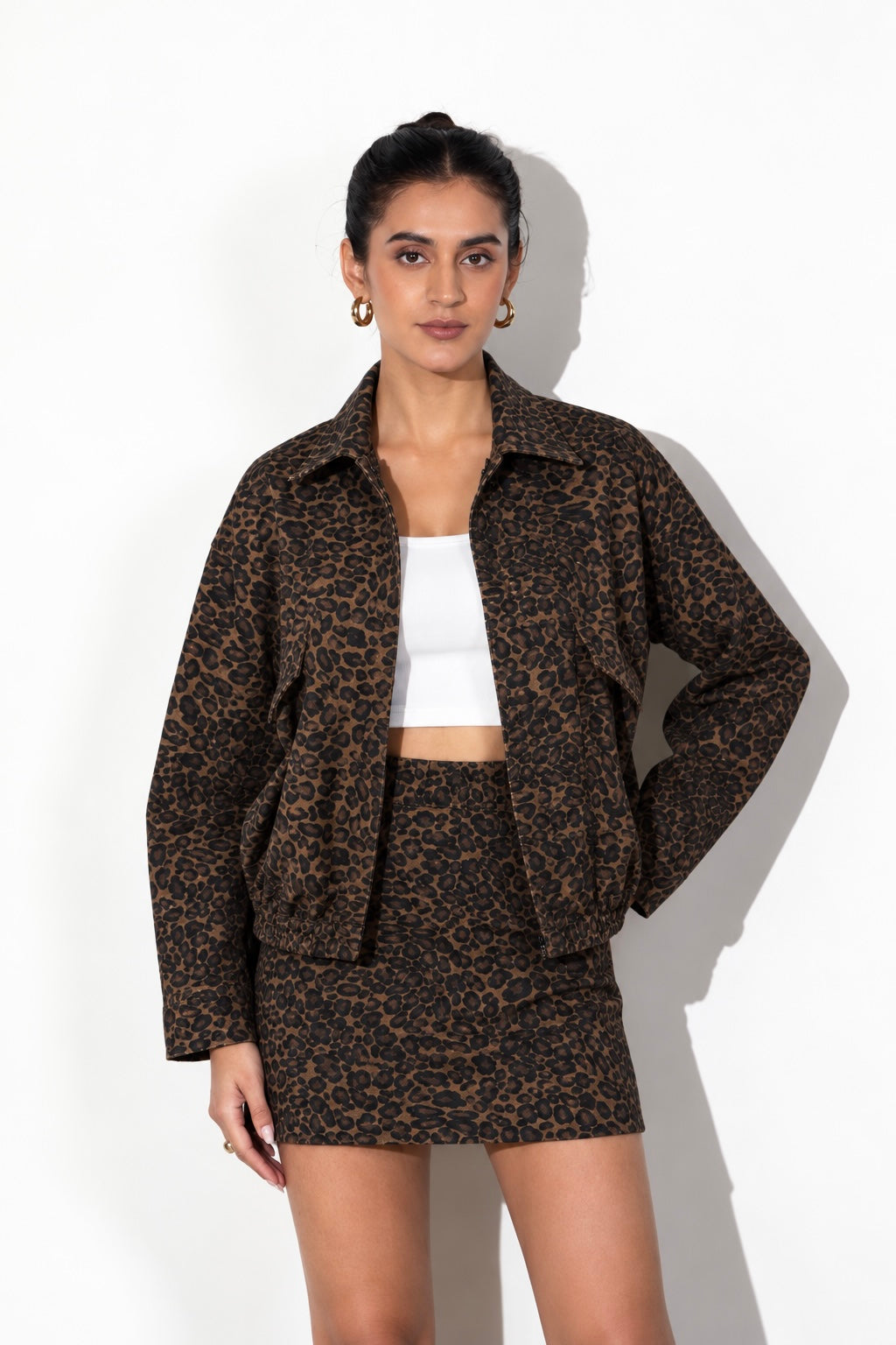 Cheetah Print Denim Jacket & Skirt Set