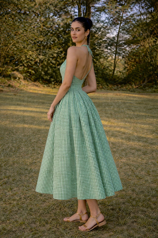 Green Gingham Halter Midi Dress