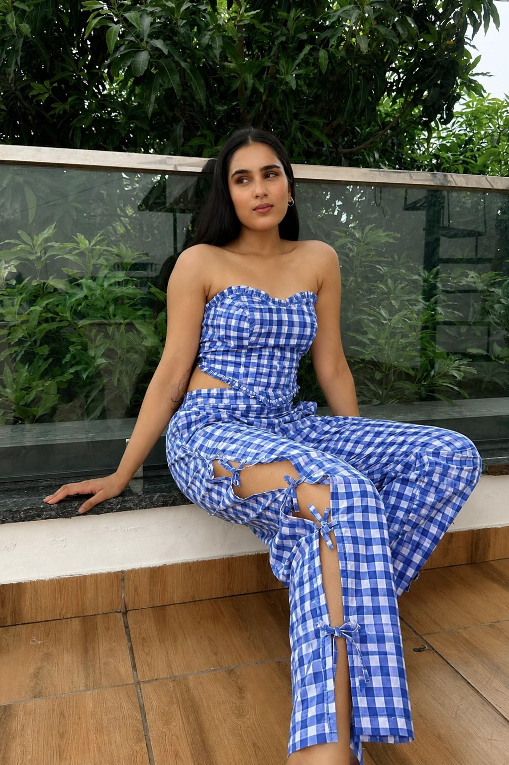 Blue Gingham Top and Wide-Leg Pants Co-Ord Set