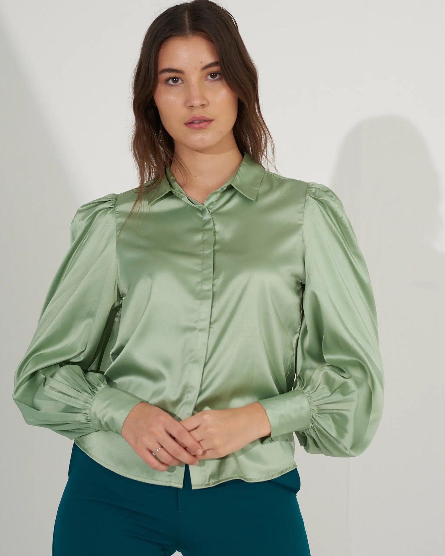 POWER PLAY - Sage green satin shirt