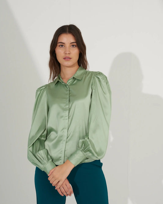 POWER PLAY - Sage green satin shirt