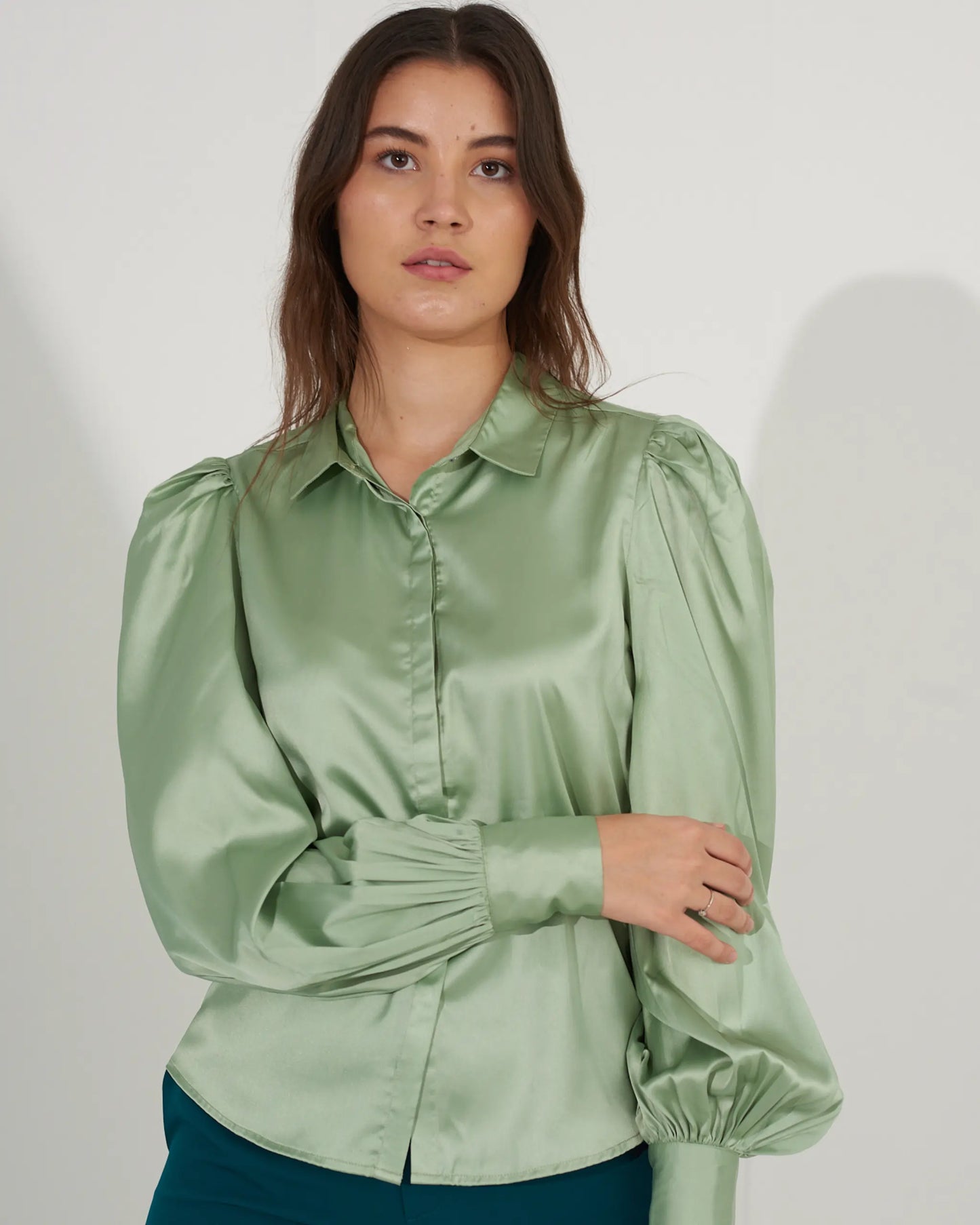 POWER PLAY - Sage green satin shirt