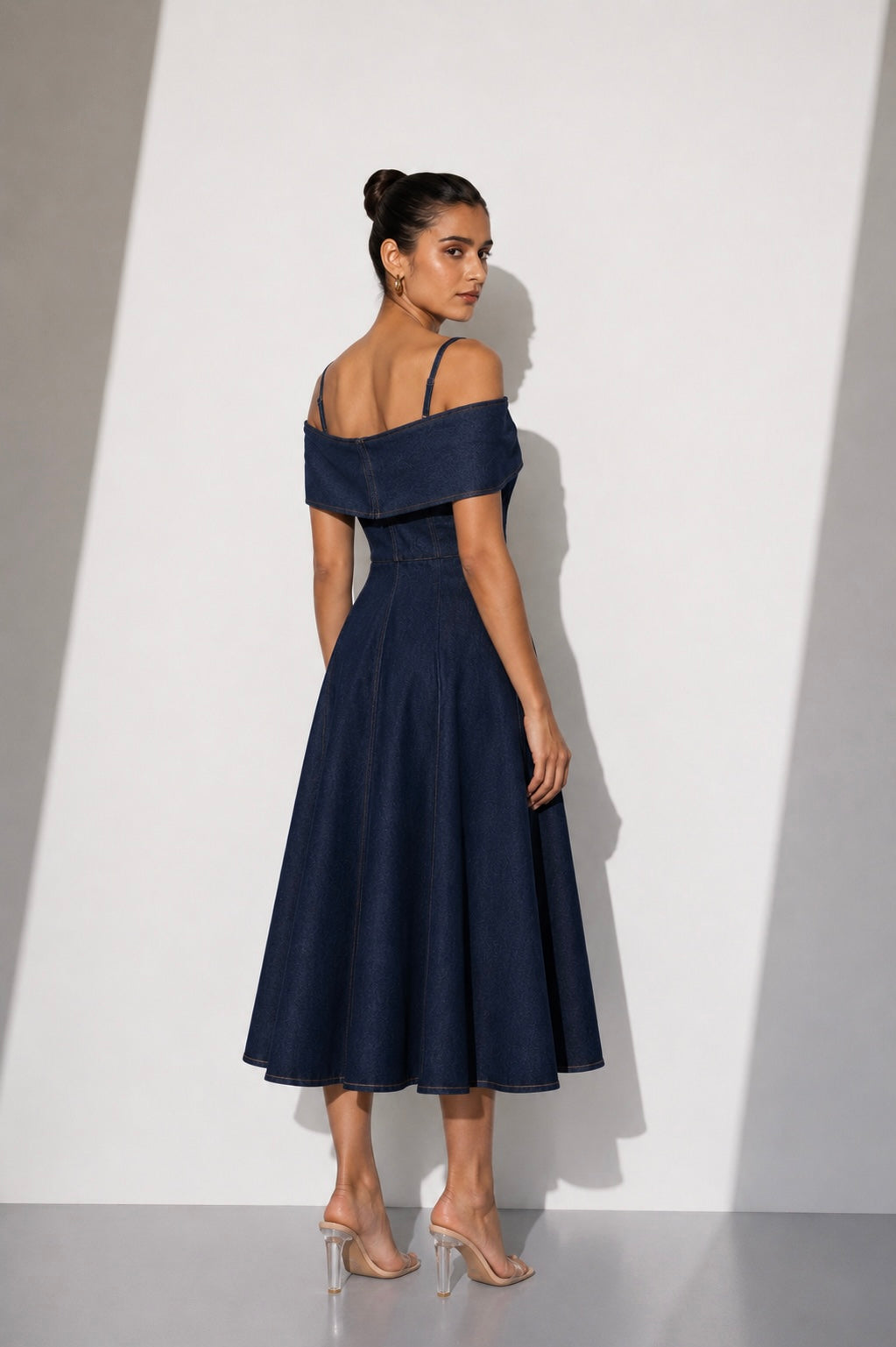 Indigo Drape Denim Midi Dress