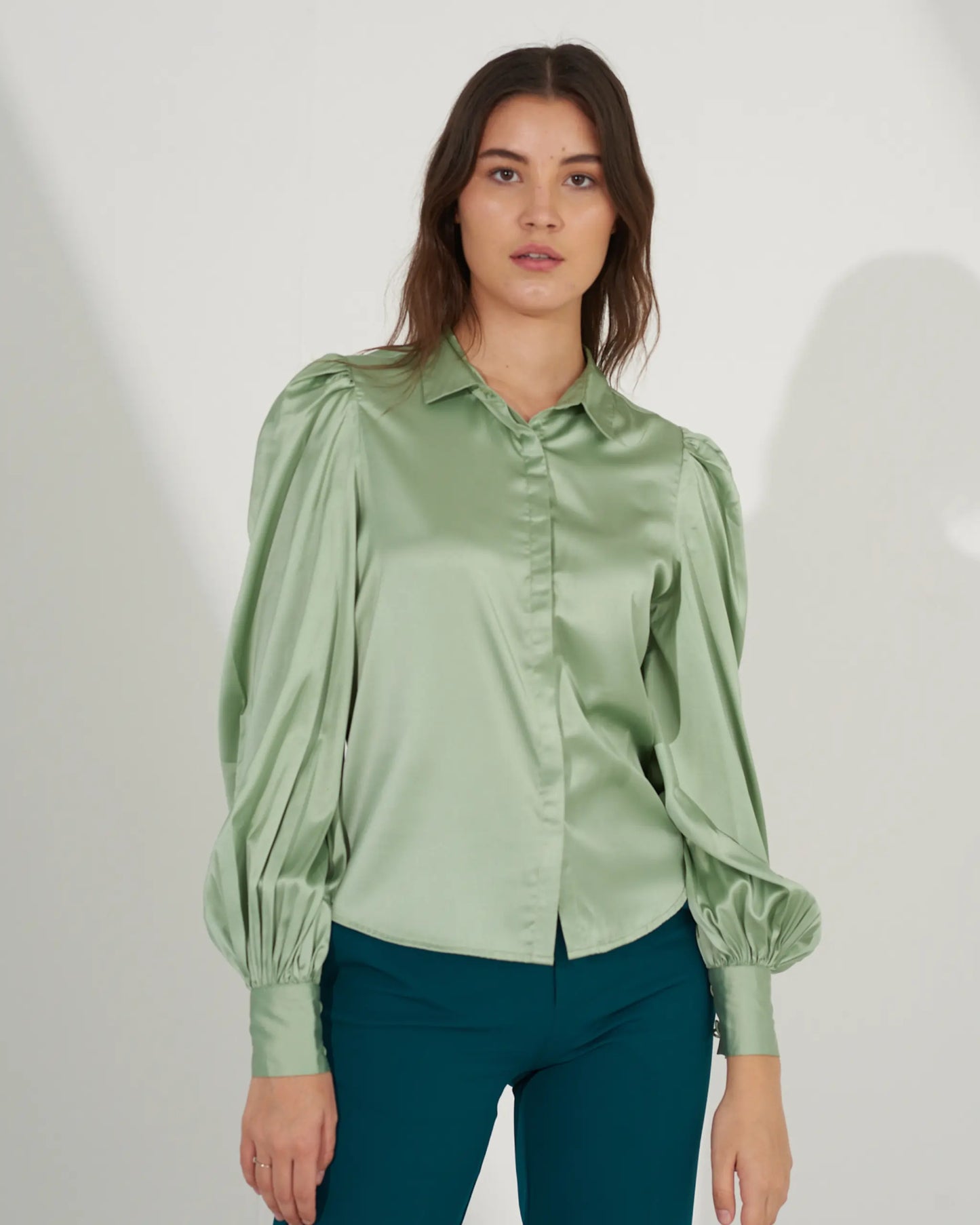 POWER PLAY - Sage green satin shirt