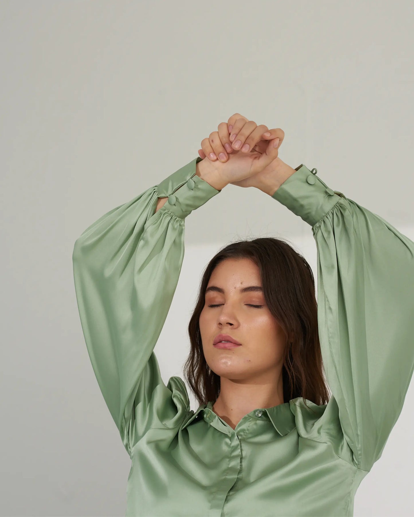 POWER PLAY - Sage green satin shirt