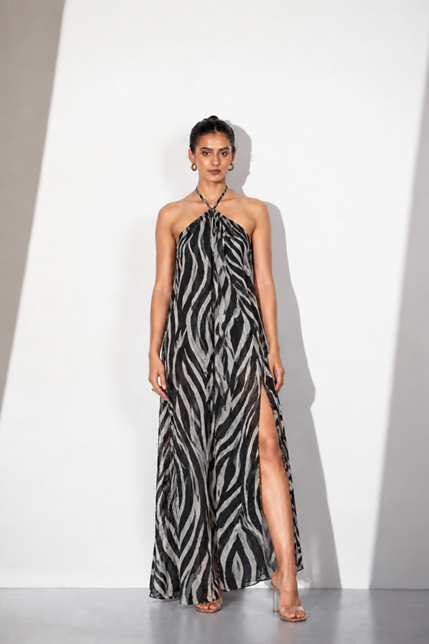 Zebra Print Georgette Halter Maxi Dress