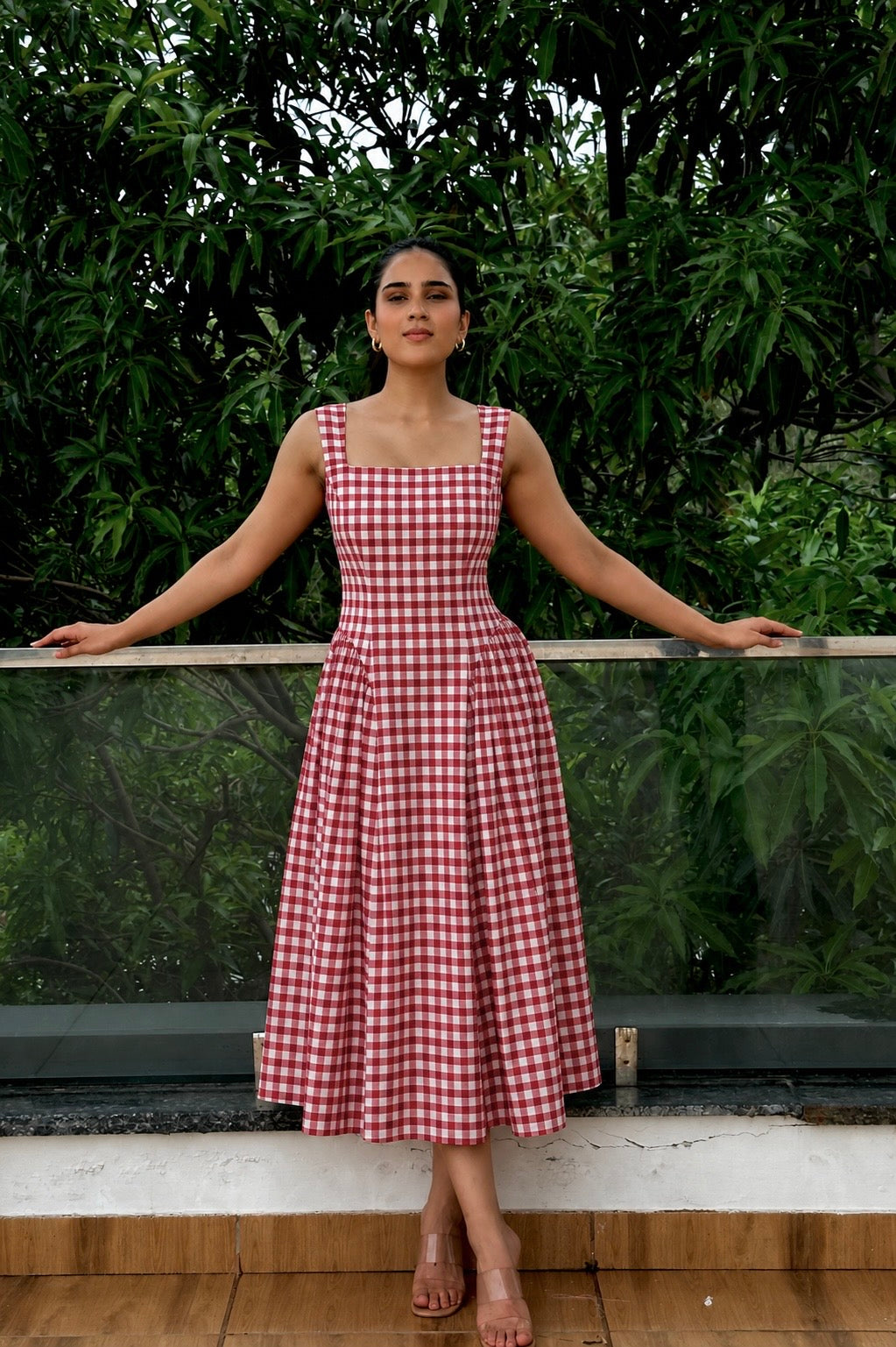 Red Gingham Cotton Midi Dress