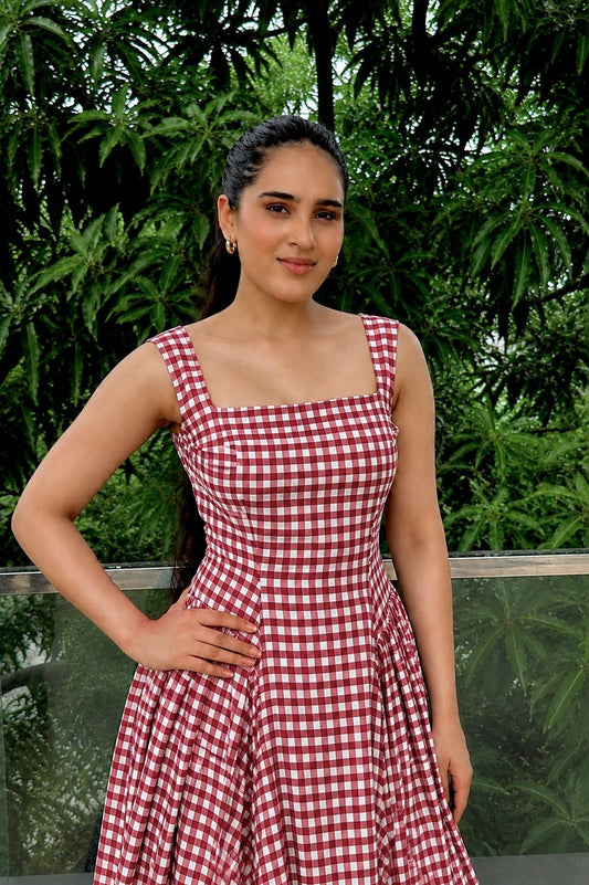 Red Gingham Cotton Midi Dress