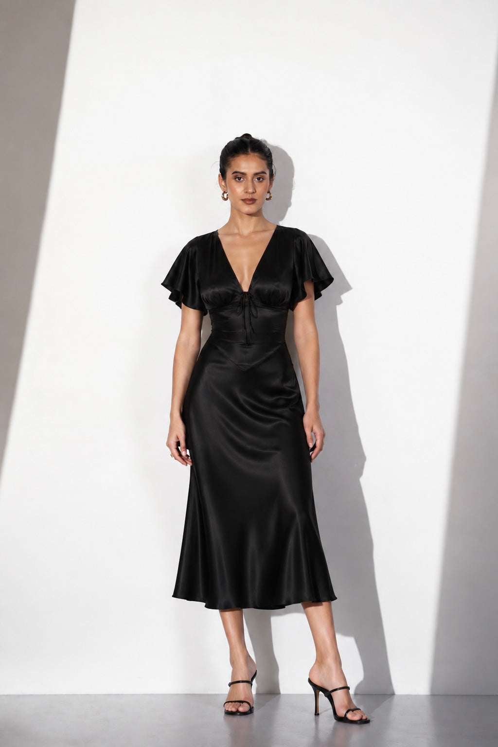 Black Satin V-Neck Midi Dress