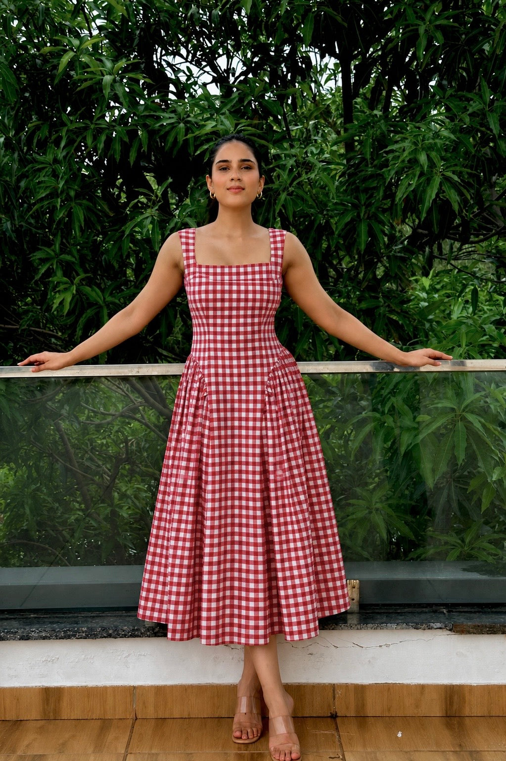 Red Gingham Cotton Midi Dress