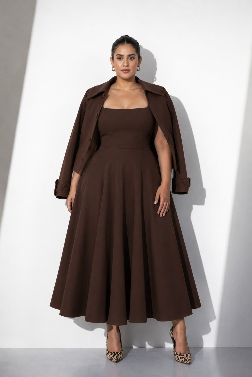 Brown Structured Midi Dress