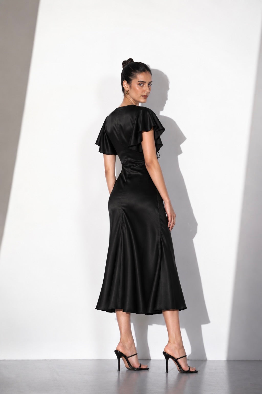 Black Satin V-Neck Midi Dress