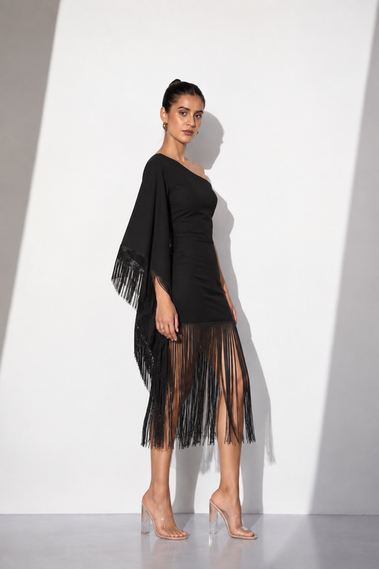 One-Shoulder Fringe Mini Dress