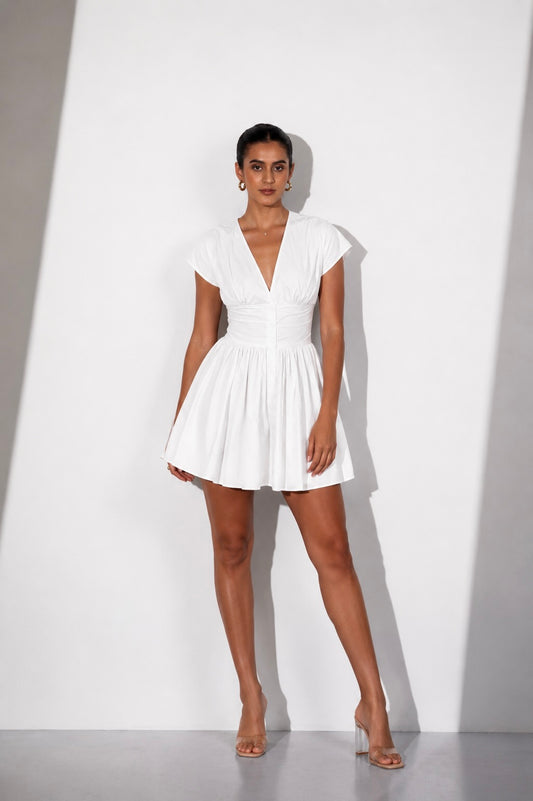 White Cotton Ruched Mini Dress   A