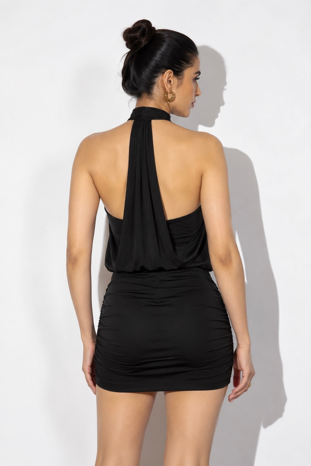 Black Halter Cowl Neck Ruched Mini Dress