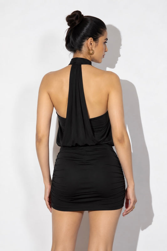 Black Halter Cowl Neck Ruched Mini Dress