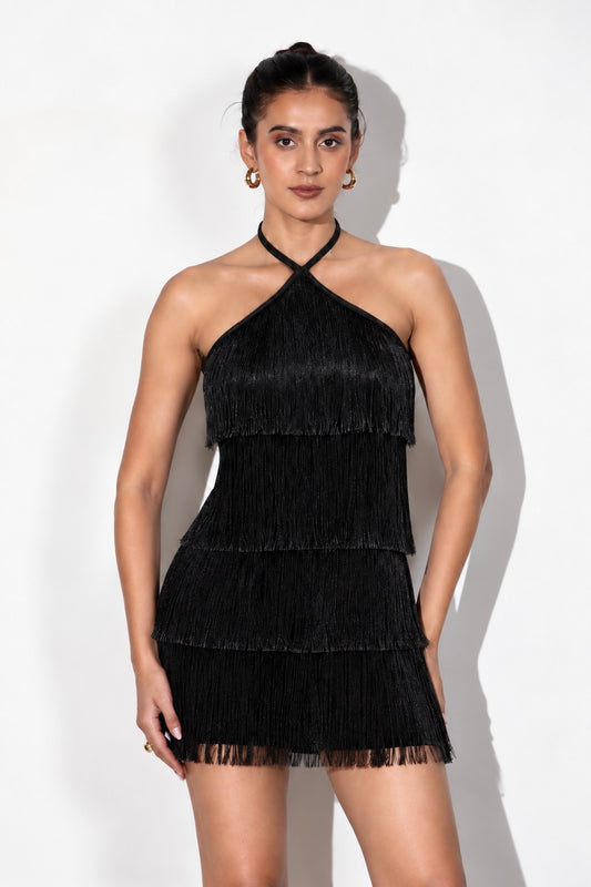 Black Halter Fringe Mini Dress