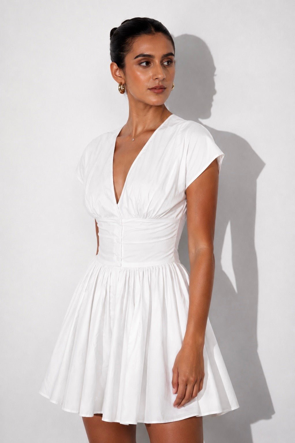 White Cotton Ruched Mini Dress   A