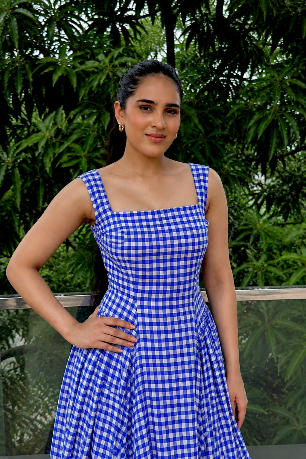 Blue Gingham Cotton Midi Dress