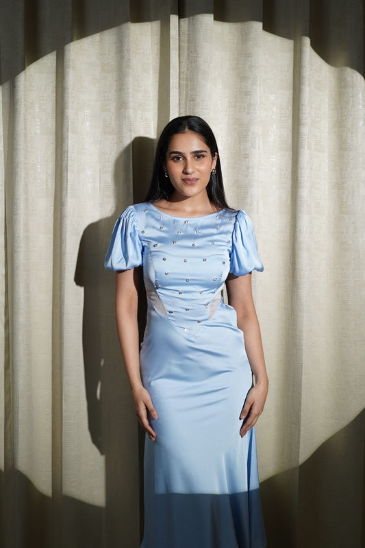 TIMELESS CROWN - HANDCRAFTED BLUE SATIN DRESS