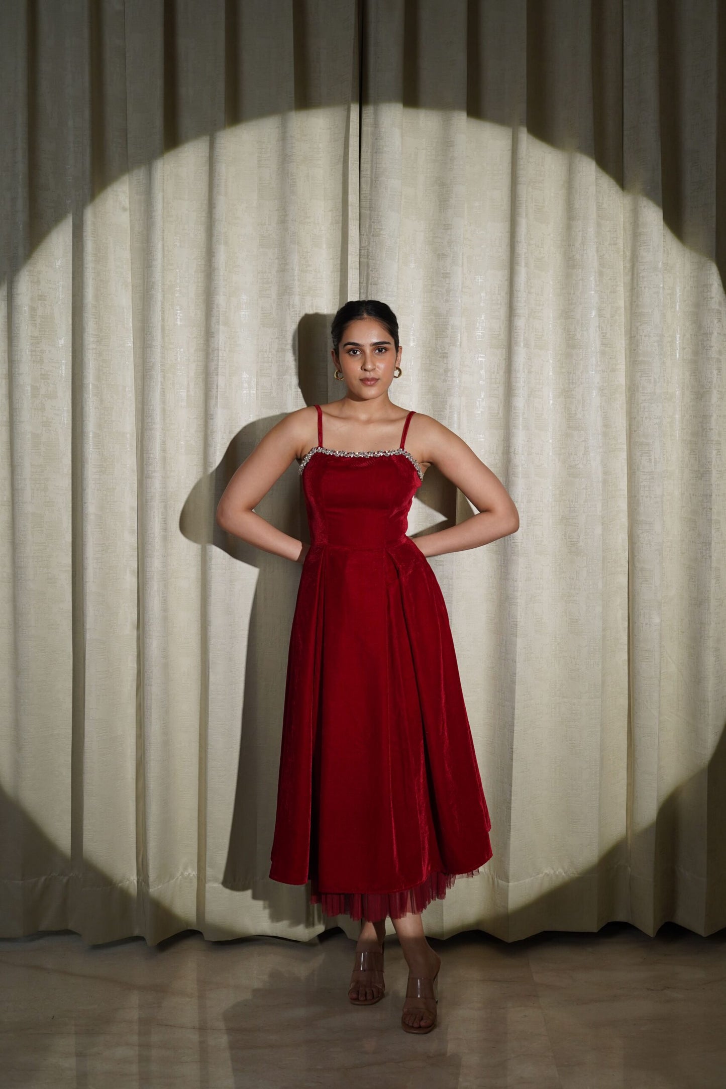 VELVET LOVE - LUXURIOUS MAROON VELVET FLARED DRESS