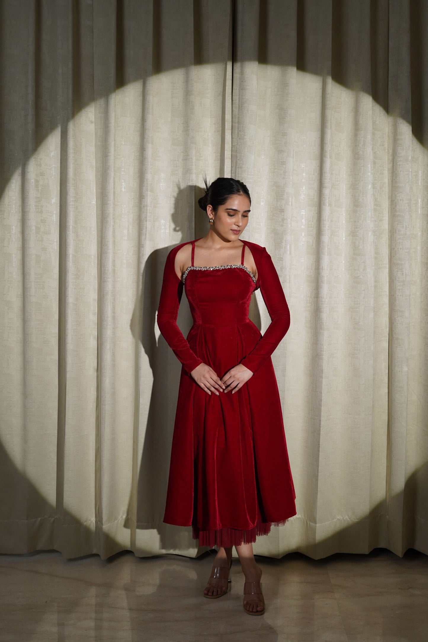 VELVET LOVE - LUXURIOUS MAROON VELVET FLARED DRESS