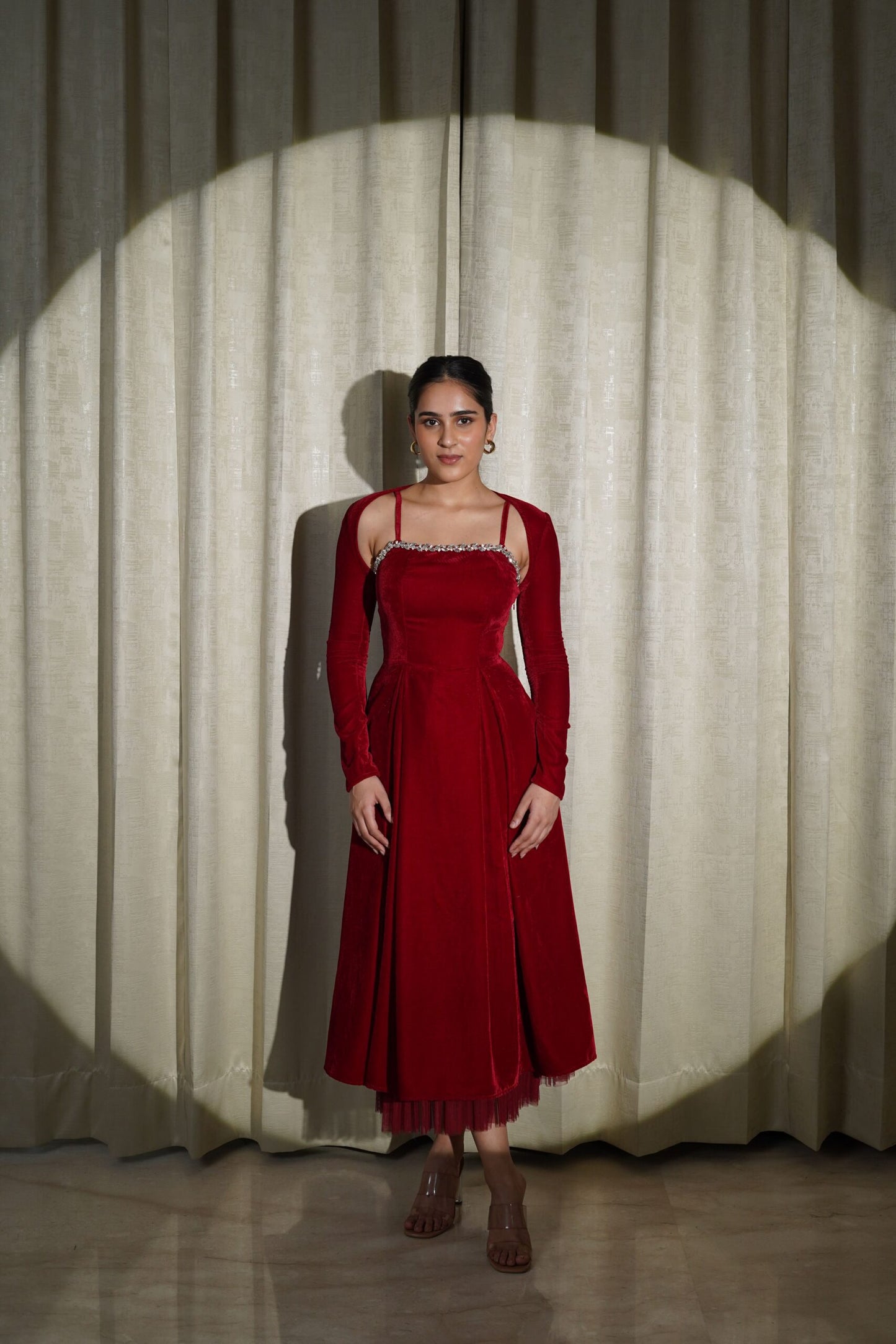 VELVET LOVE - LUXURIOUS MAROON VELVET FLARED DRESS