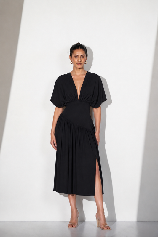 Draped V-Neck Midi Dress