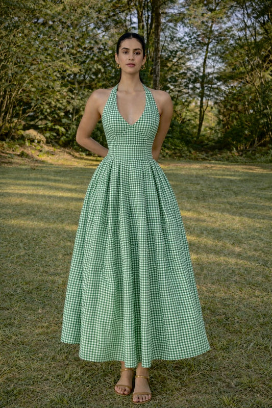 Green Gingham Halter Midi Dress