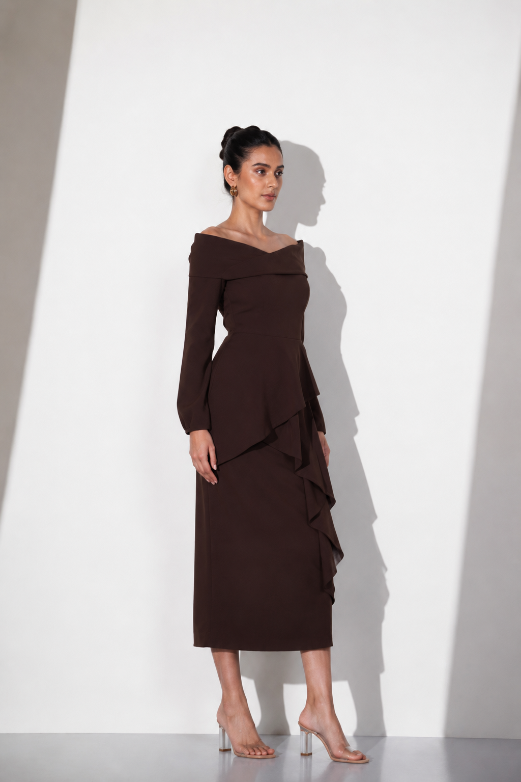 Mocha Cascade Midi Dress