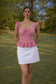 Red and White Gingham Top Paired with a Classic White Mini Skirt