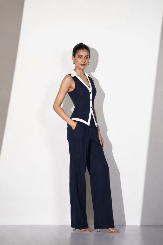 Blue and White Contrast Waistcoat Co-Ord Set