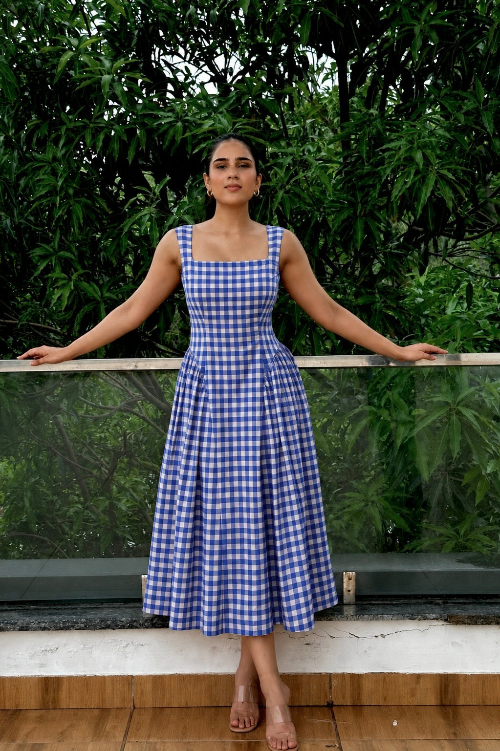Blue Gingham Cotton Midi Dress