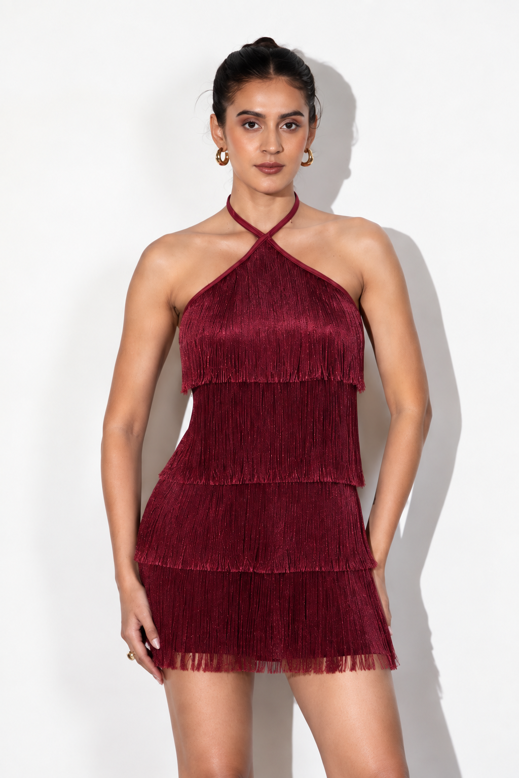 Maroon Halter Fringe Mini Dress