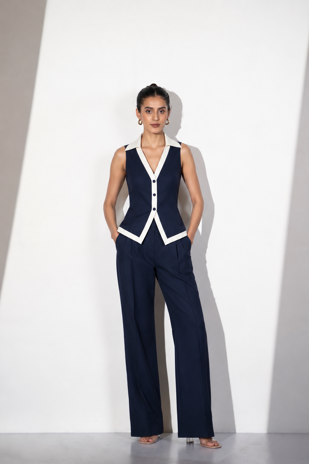 Blue and White Contrast Waistcoat Co-Ord Set