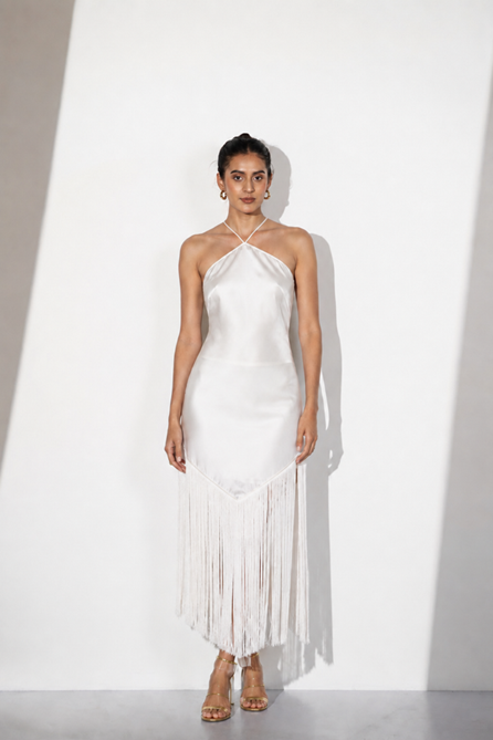Ivory Satin Halter Fringe Midi Dress