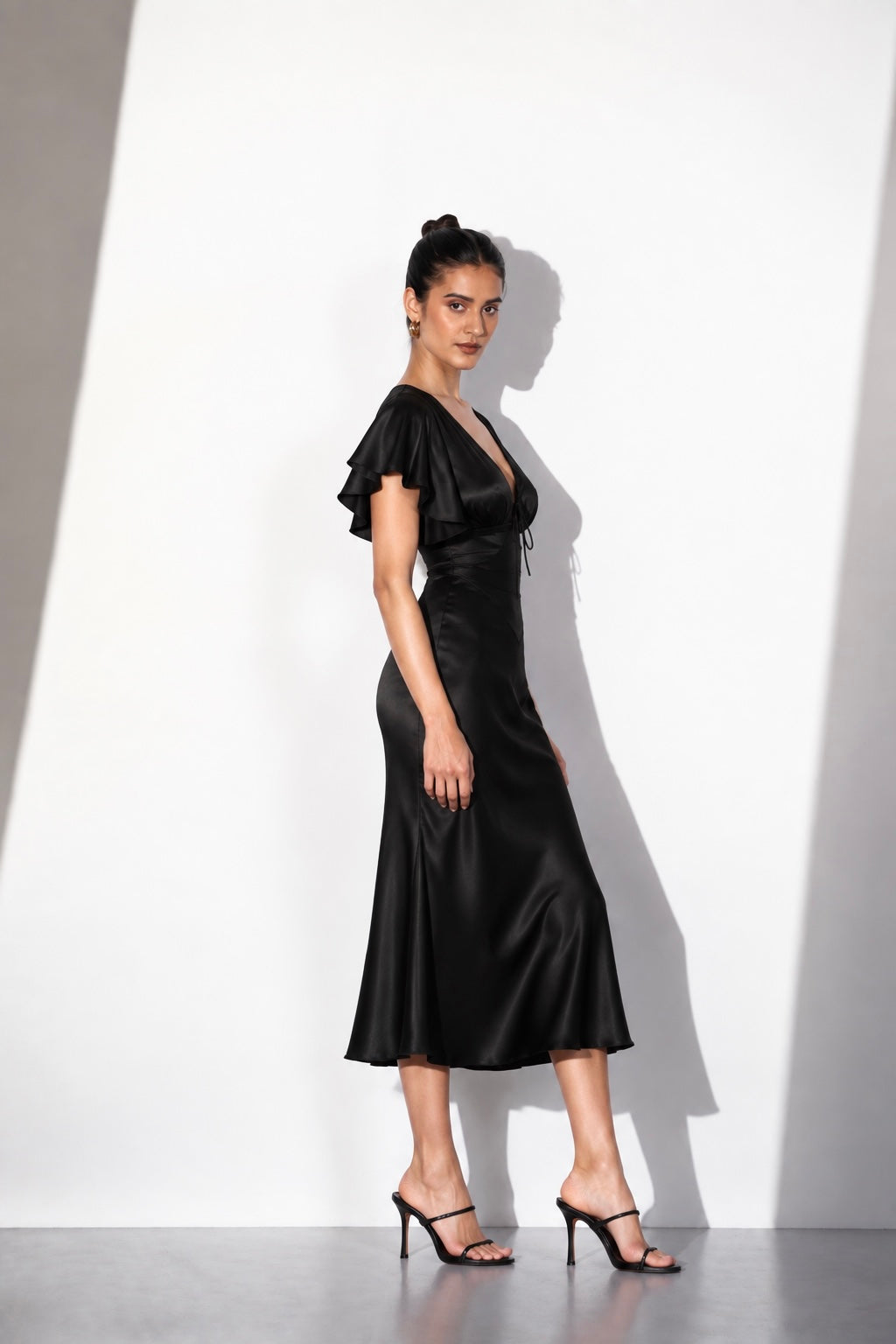 Black Satin V-Neck Midi Dress