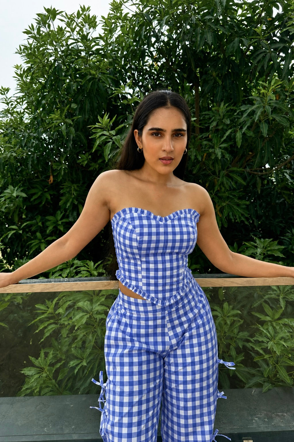 Blue Gingham Top and Wide-Leg Pants Co-Ord Set