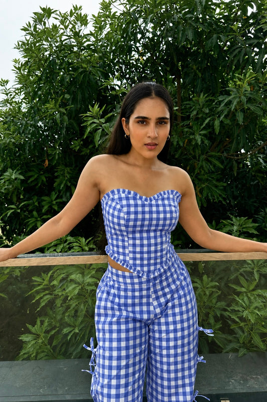 Blue Gingham Top and Wide-Leg Pants Co-Ord Set