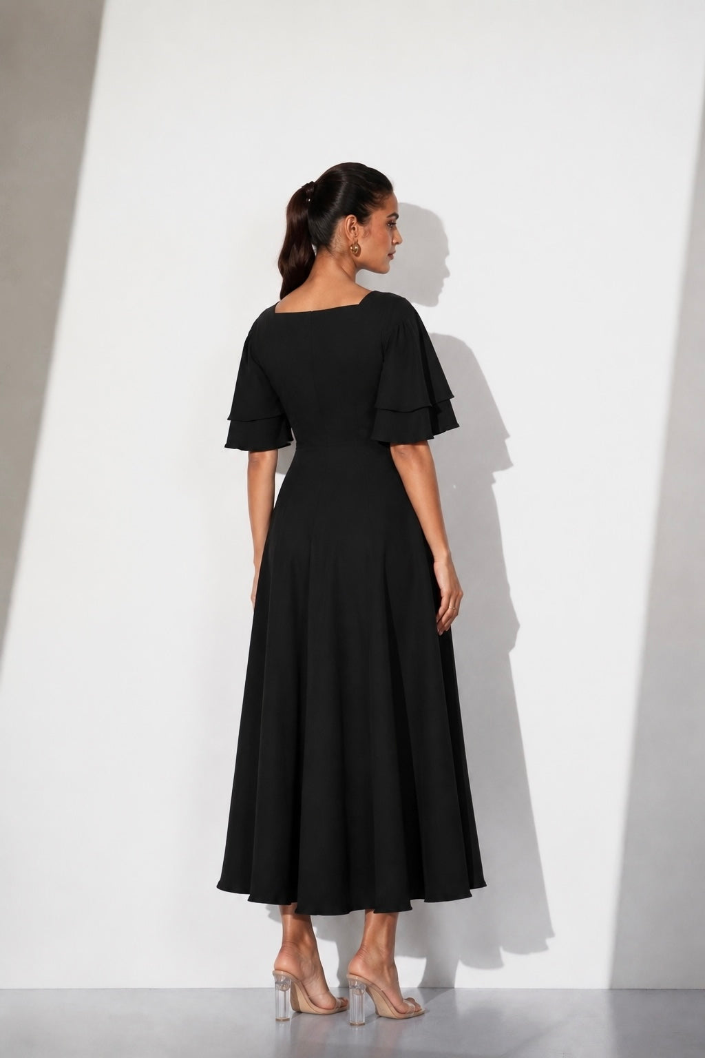 Black Flutter Sleeve Midi Dress